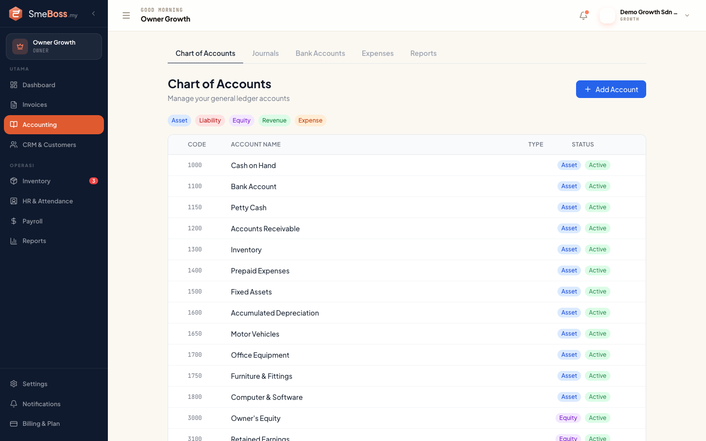 SMEBoss Chart of Accounts showing asset and liability accounts