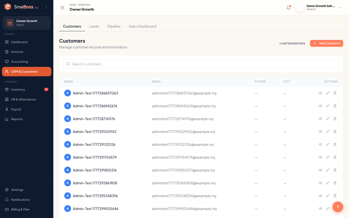 SMEBoss CRM showing customer list with contact details
