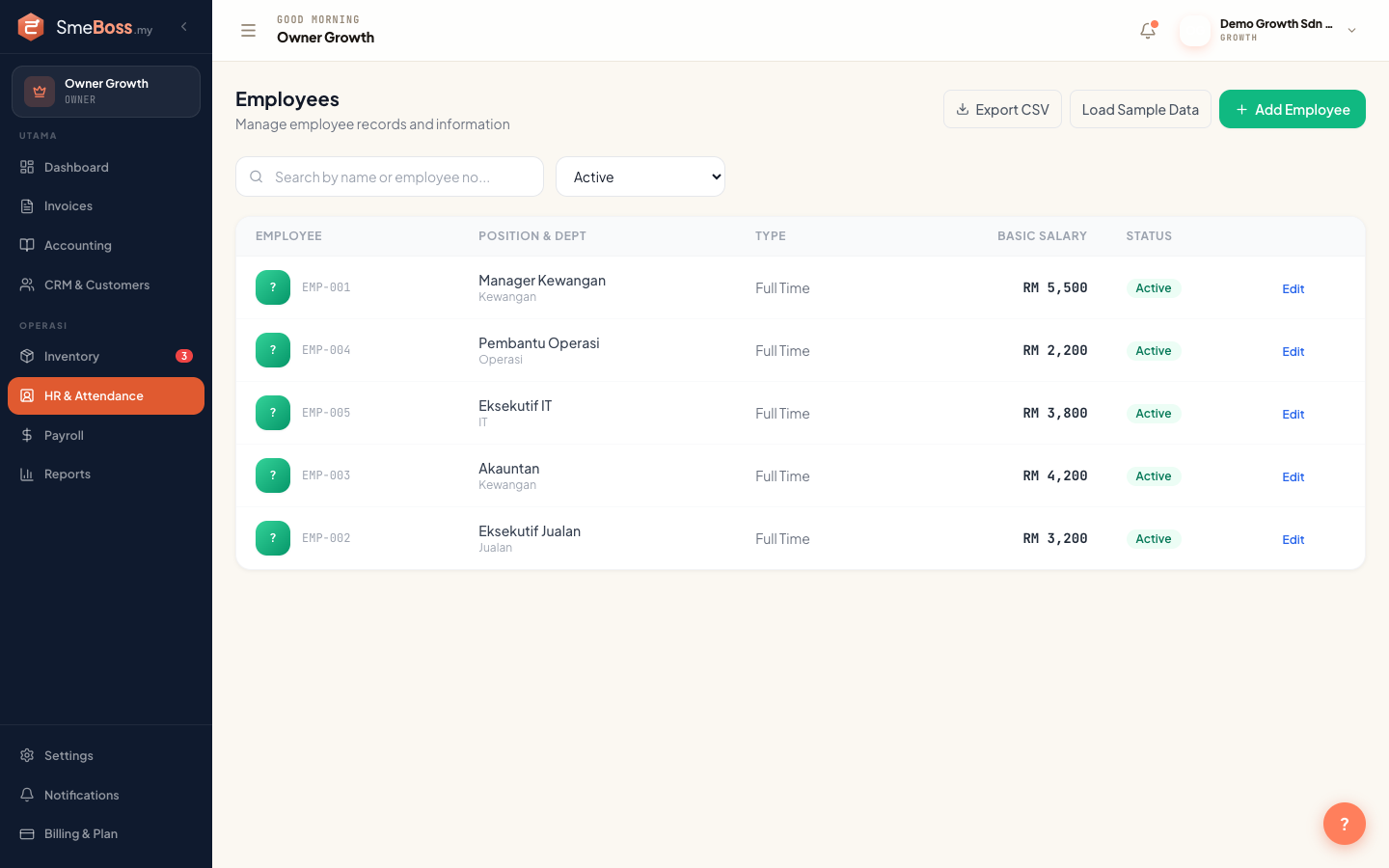 SMEBoss employee list showing staff with positions and salaries
