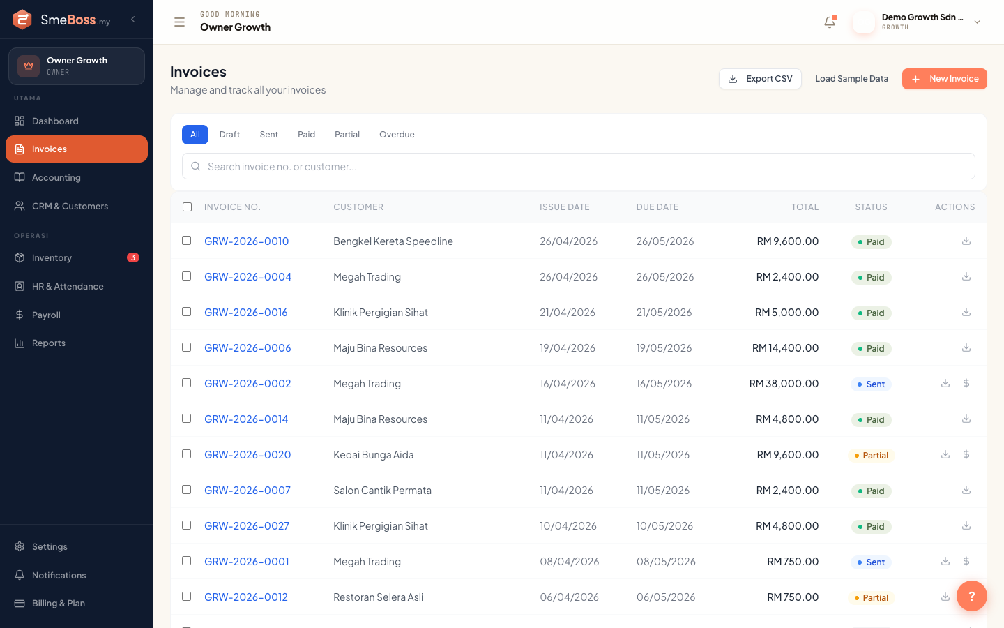 SMEBoss invoice list showing paid and sent invoices