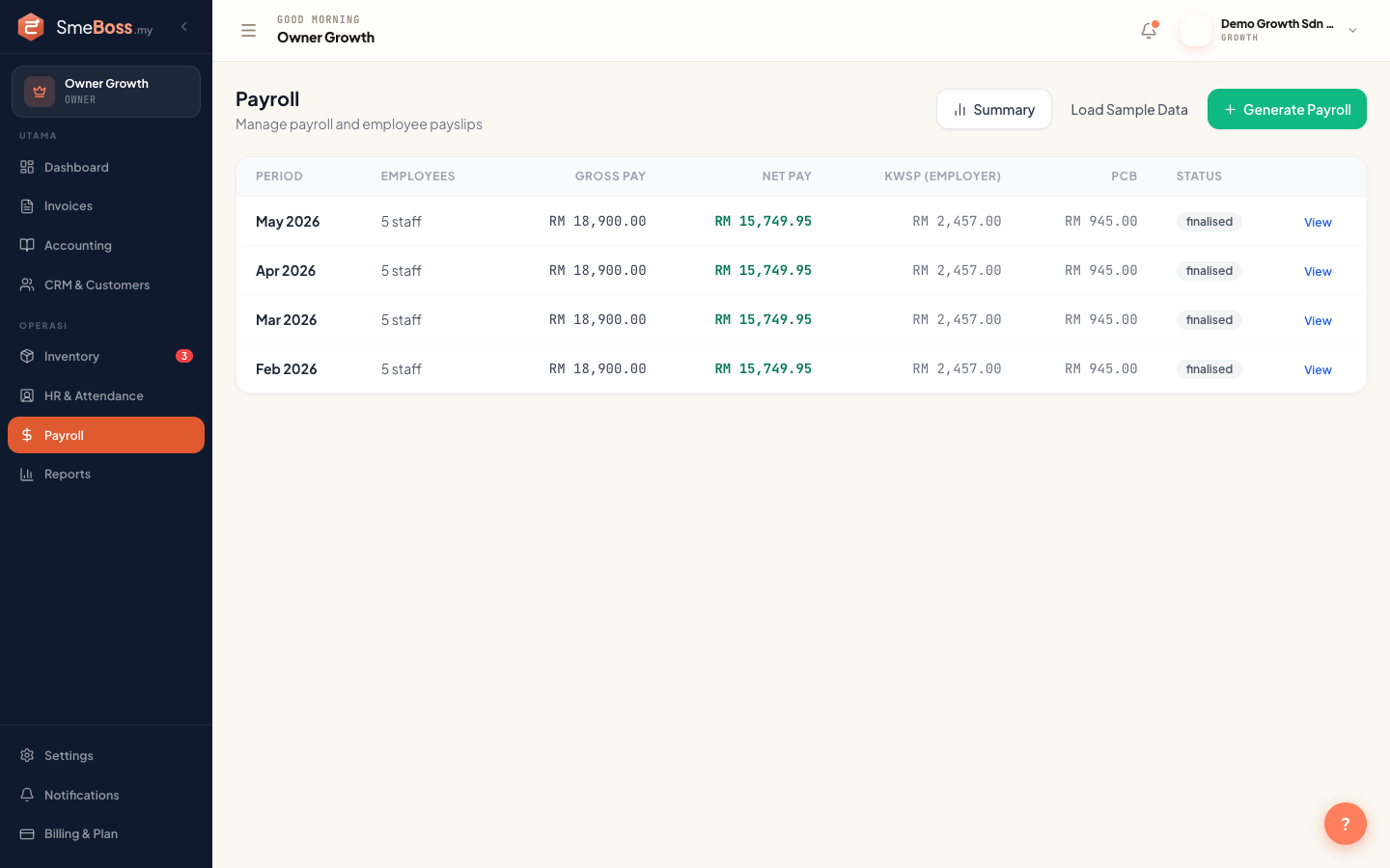 SMEBoss Payroll list showing monthly runs with gross and net pay